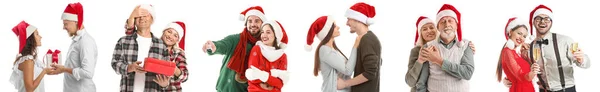 Conjunto Casais Felizes Celebrando Natal Ano Novo Fundo Branco — Fotografia de Stock