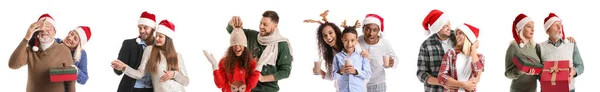 Conjunto Familiares Felizes Comemorando Natal Ano Novo Fundo Branco — Fotografia de Stock