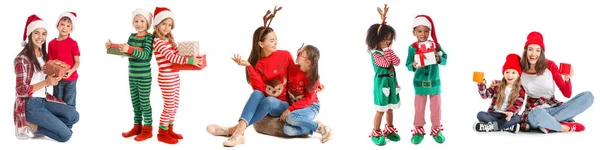 Set Madri Bambini Felici Che Celebrano Natale Capodanno Sfondo Bianco — Foto Stock