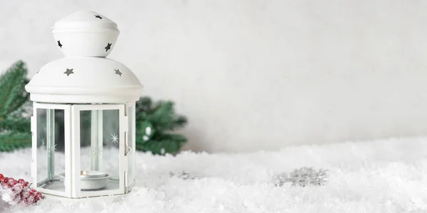 Beautiful Christmas Lantern Snow Light Background Space Text — Stock Photo, Image