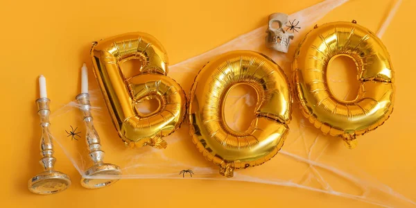 Word Boo Wykonane Balonów Wystrój Halloween Żółtym Tle — Zdjęcie stockowe