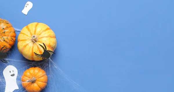 Halloween Dekorace Dýně Modrém Pozadí Prostorem Pro Text — Stock fotografie