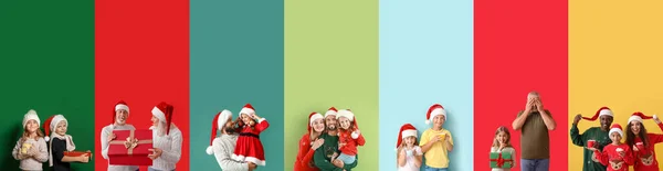 Conjunto Miembros Felices Familia Celebrando Navidad Año Nuevo Fondo Color —  Fotos de Stock