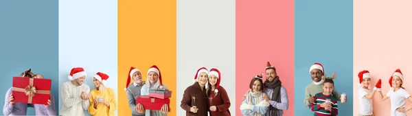 Conjunto Miembros Felices Familia Celebrando Navidad Año Nuevo Fondo Color — Foto de Stock