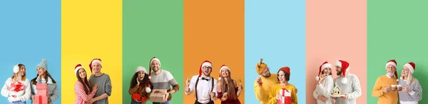 Set Von Glücklichen Familienmitgliedern Die Weihnachten Und Neujahr Auf Farbigem — Stockfoto