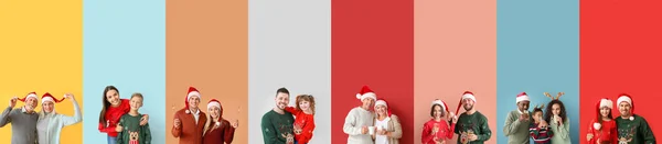 Set Happy Family Members Celebrating Christmas New Year Color Background — Stock Photo, Image