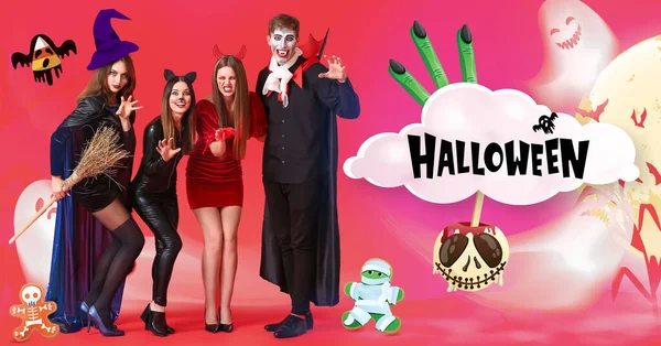 Banner for Halloween party with young friends in costumes