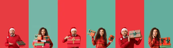 Set Giovani Felici Con Scatole Regalo Natale Sfondo Colorato — Foto Stock