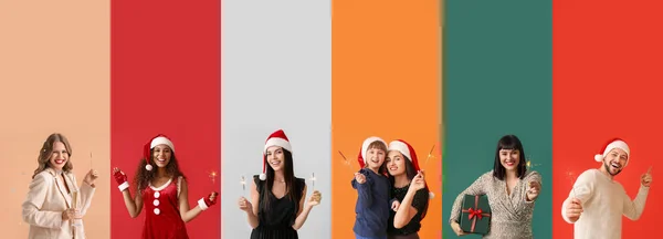 Många Människor Med Jul Tomtebloss Färgglada Bakgrund — Stockfoto