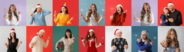 Colagem Com Pessoas Segurando Brilhos Natal Fundo Colorido — Fotografia de Stock