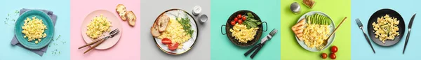 Collage Sabrosos Huevos Revueltos Sobre Fondo Color Vista Superior — Foto de Stock