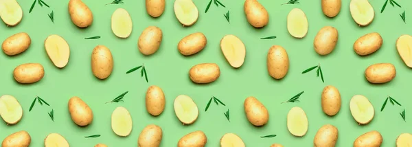 Raw Potatoes Rosemary Green Background — Stock Photo, Image