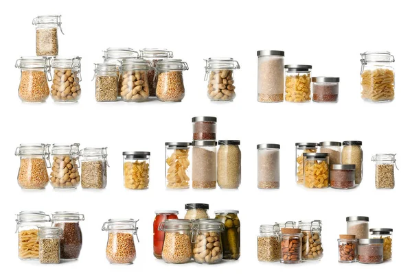 Collection Glass Jars Different Raw Products White Background — Stock Photo, Image