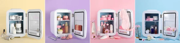 Set of small refrigerators with cosmetic products on color background
