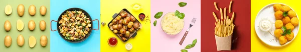 Collage Med Potatis Och Olika Kokta Rätter Färg Bakgrund — Stockfoto