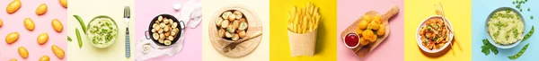 Koláž Syrovými Brambory Různé Chutné Pokrmy Barevném Pozadí — Stock fotografie