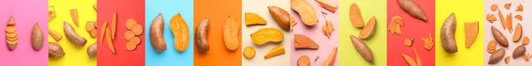 Коллаж Здорового Сладкого Картофеля Цветном Фоне — стоковое фото