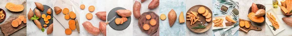 Colagem Batatas Doces Saudáveis Fundo Claro — Fotografia de Stock
