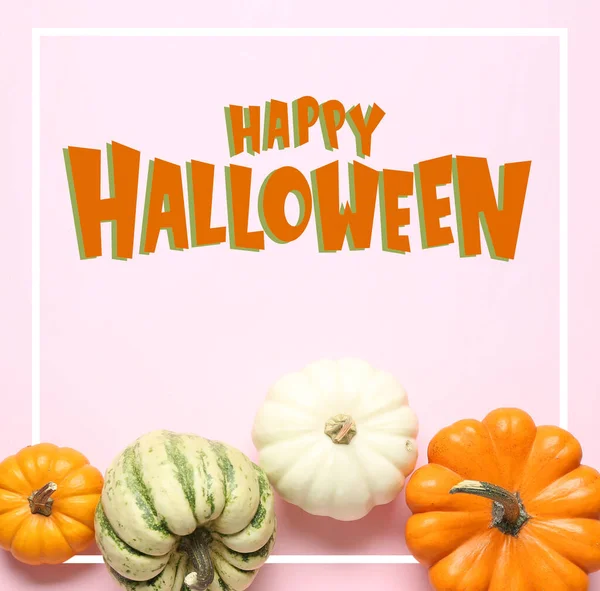 Diferentes Calabazas Texto Happy Halloween Sobre Fondo Rosa Vista Superior —  Fotos de Stock