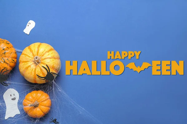 Calabazas Decoración Texto Happy Halloween Sobre Fondo Azul —  Fotos de Stock