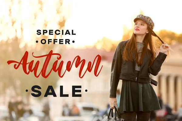 Poster Autumn Sale Beautiful Young Woman City Street — Stock Photo, Image