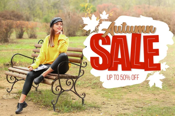 Poster Autumn Sale Beautiful Young Woman Sitting Bench Park — Stock Photo, Image