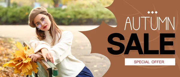 Banner Autumn Sale Beautiful Young Woman Park — Stock Photo, Image