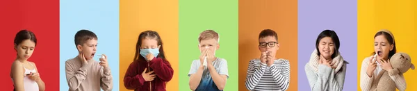 Collage Met Zieke Kinderen Kleurrijke Achtergrond — Stockfoto