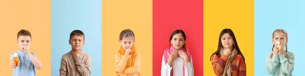 Collage Con Niños Enfermos Sobre Fondo Colorido —  Fotos de Stock
