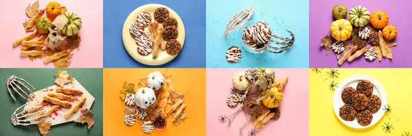 Koláž Kreativních Halloween Cookies Barevném Pozadí — Stock fotografie