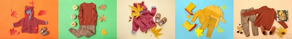 Kolekce Stylového Podzimního Dětského Oblečení Barevném Pozadí — Stock fotografie
