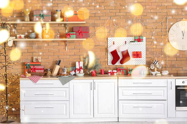 Cozinha Lindamente Decorada Para Férias Natal — Fotografia de Stock
