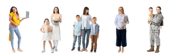 Collage Giovani Madri Con Loro Figli Sfondo Bianco — Foto Stock