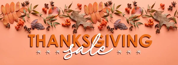 Reclame Poster Voor Thanksgiving Verkoop Met Bladeren Oranje Achtergrond — Stockfoto