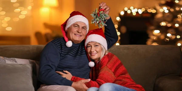 Idős Pár Fagyöngy Ággal Otthon Karácsony Este — Stock Fotó