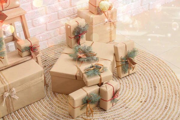 Christmas Gift Boxes Floor Room — Stock Photo, Image