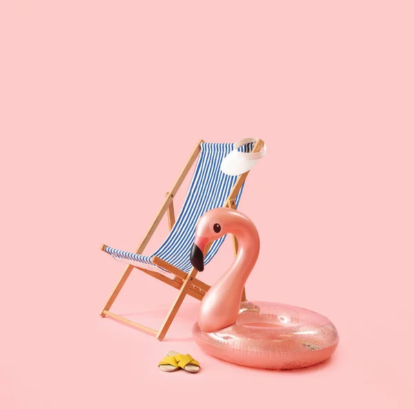Deck Chair Beach Accessories Pink Background — Stock Photo, Image