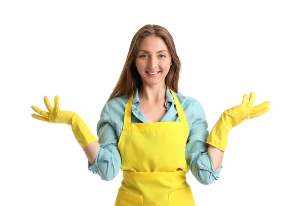 Young Woman Rubber Gloves White Background — Stock Photo, Image