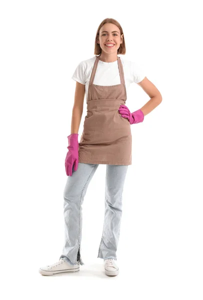 Pretty Woman Rubber Gloves White Background — Stock Photo, Image