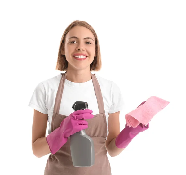 Mujer Bonita Con Trapo Botella Detergente Sobre Fondo Blanco —  Fotos de Stock