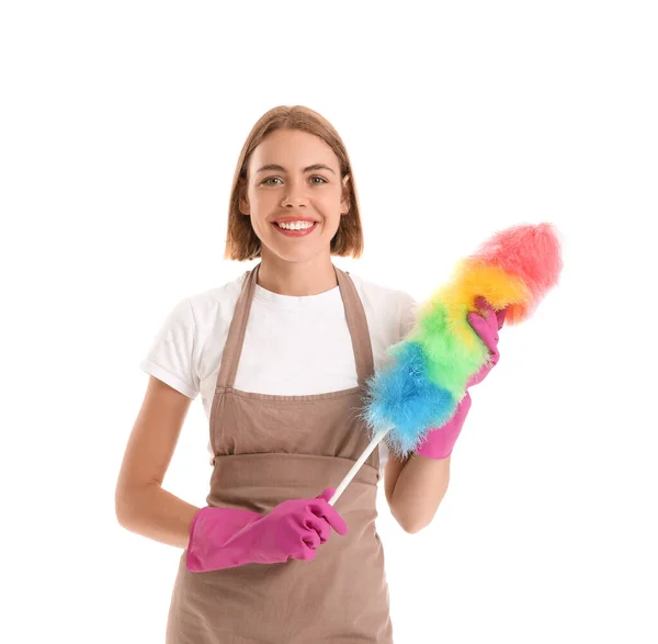 Pretty Woman Duster White Background — Stock Photo, Image