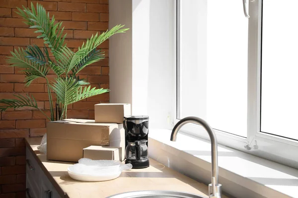 Counters with cardboard boxes, plates, coffee maker and houseplant in kitchen on moving day