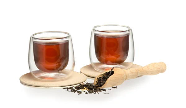 Glass Cups Black Tea Scoop Dry Leaves White Background — Stock Photo, Image