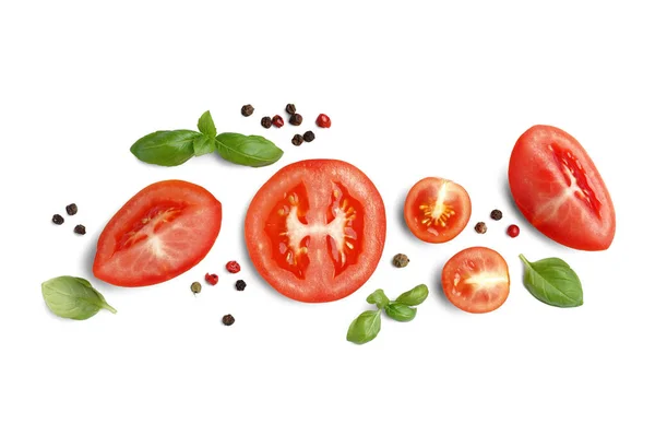 Composición Con Tomates Frescos Especias Sobre Fondo Blanco — Foto de Stock