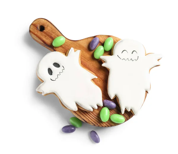 Placa Com Biscoitos Fantasmas Halloween Doces Fundo Branco — Fotografia de Stock