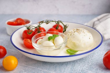 Nefis mozzarella peynirli tabak ve açık arkaplanda domates.