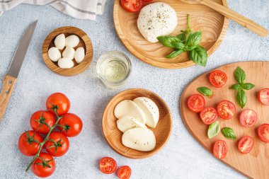 Lezzetli mozzarella peyniri ve açık arkaplanda taze domatesli kompozisyon