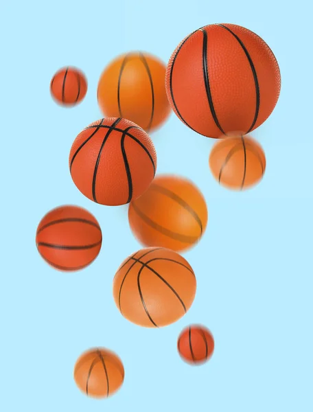 Balones Baloncesto Voladores Sobre Fondo Azul Claro —  Fotos de Stock