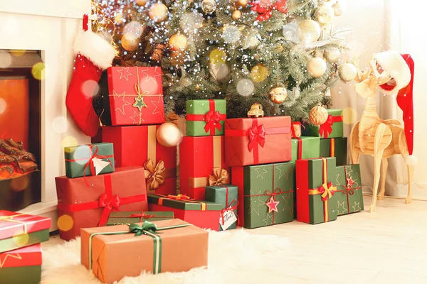 Beautiful Gift Boxes Christmas Tree Living Room — Stock Photo, Image