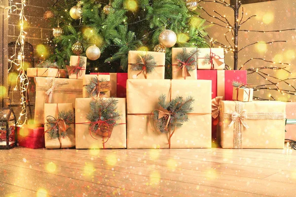 Many Gift Boxes Christmas Tree Room — Stock Photo, Image